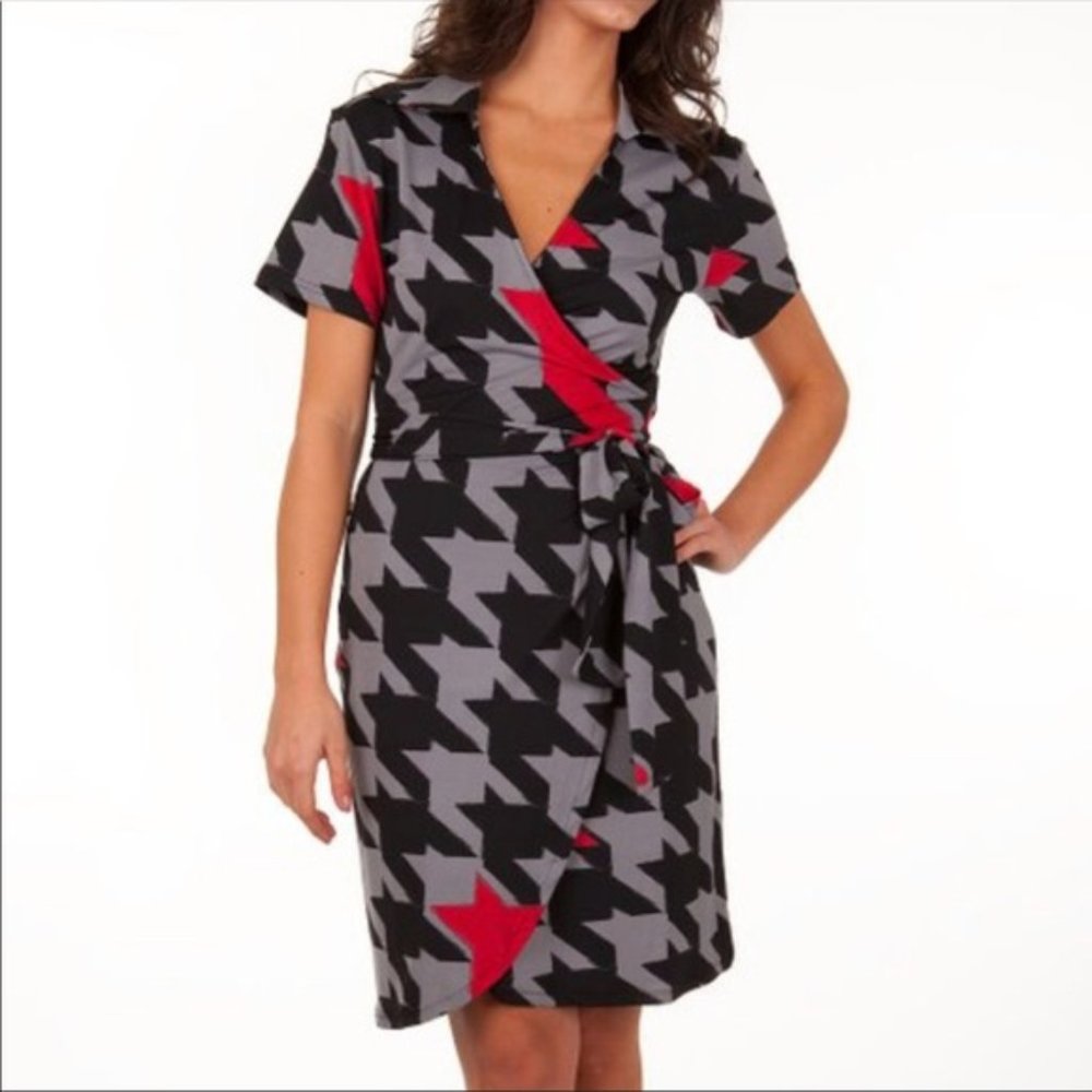Tracy Negoshian Black & Gray Jane Houndstooth Pop Wrap Dress Size XS